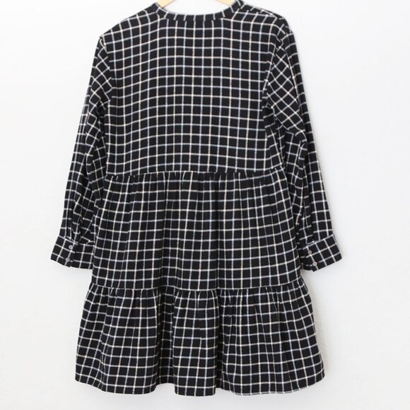 Madewell Flannel Button-Placket Tiered Mini Dress Windowpane Plaid Black S $118 - Picture 6 of 16
